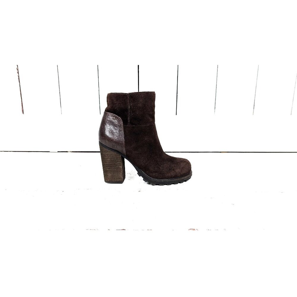 Brown suede leather chunky heel ankle boot